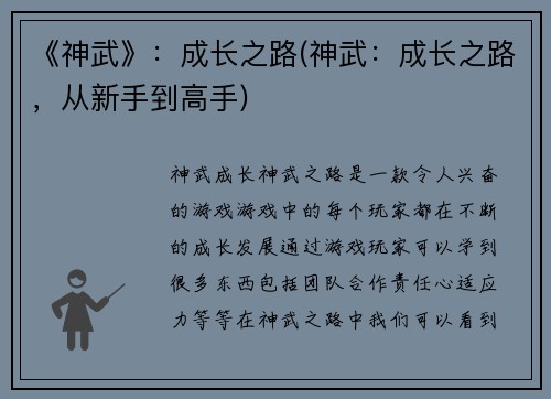 《神武》：成长之路(神武：成长之路，从新手到高手)